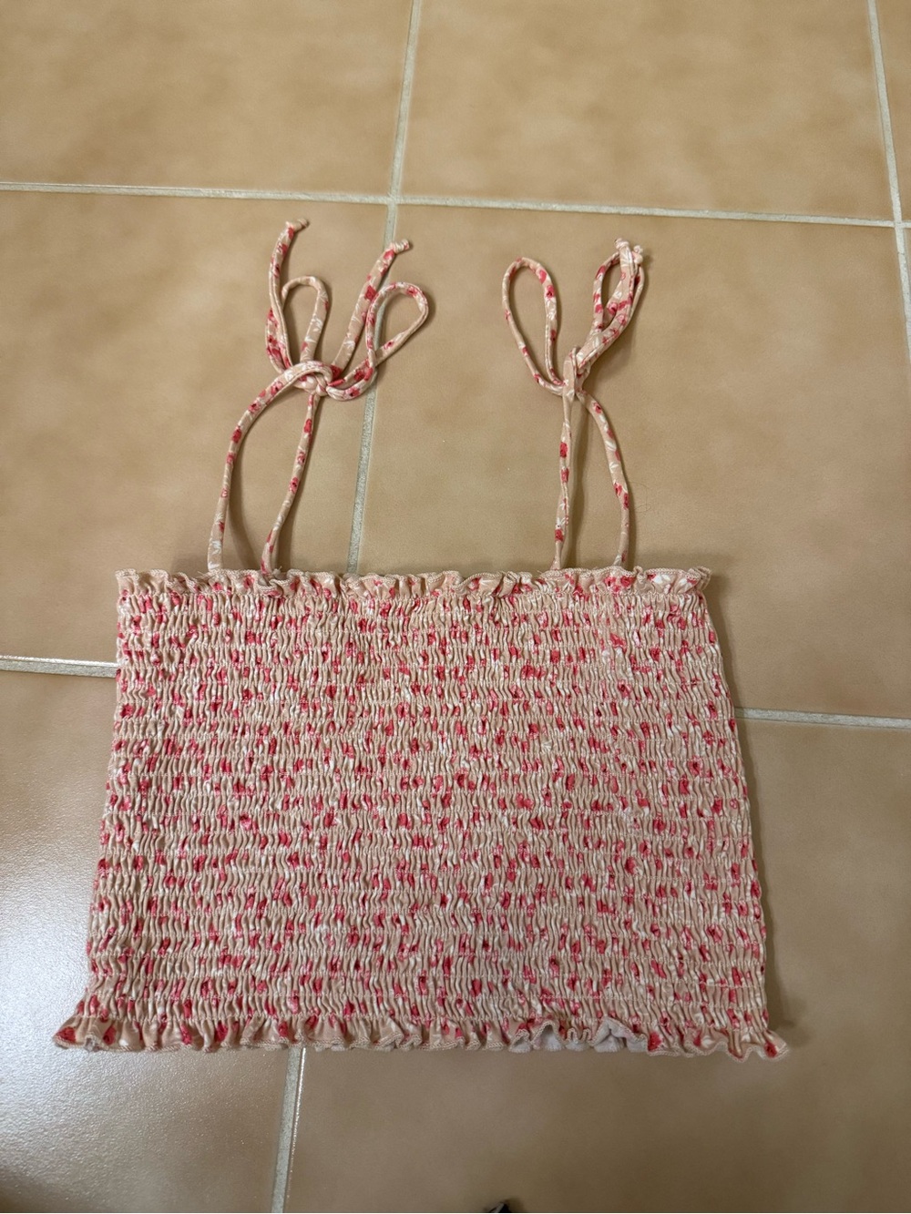 Smocked Tie-Strap Tank Top in Beige with Pink Flecks